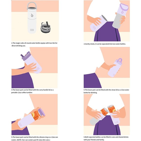 BOTTLE BOTTLE Insulated Water Bottle with Straw 2 lids 18oz 3 IN 1 Purple - Picture 3 of 6